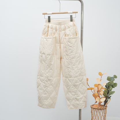 Women's Quilted Oversized Padded Pants with Elastic Waistband and Large Patch Pockets EVA-US
