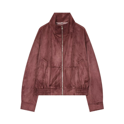 Ladies short jacket in bomber style made of suede look with high standing collar and kangaroo pockets EVA-US