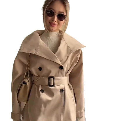 Women's Short Boxy Trench Coat with High Standing Collar, Double-Breasted Front & Waist Belt EVA-US