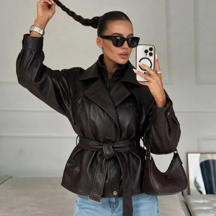 Women's Tailored Faux Leather Biker Jacket with Tied Belt and Dropped Shoulder EVA-US