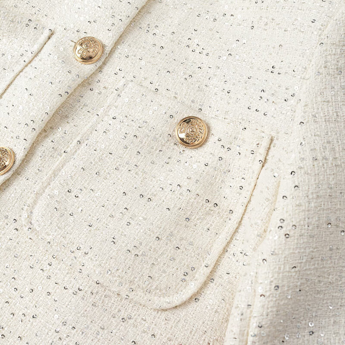 Women Short-Cut Tweed Jacket in Boucle Look with Round Neckline, Decorative Buttons and Flap Pockets EVA-US