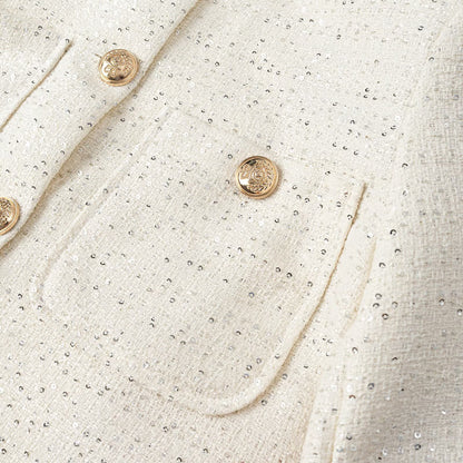 Women Short-Cut Tweed Jacket in Boucle Look with Round Neckline, Decorative Buttons and Flap Pockets EVA-US