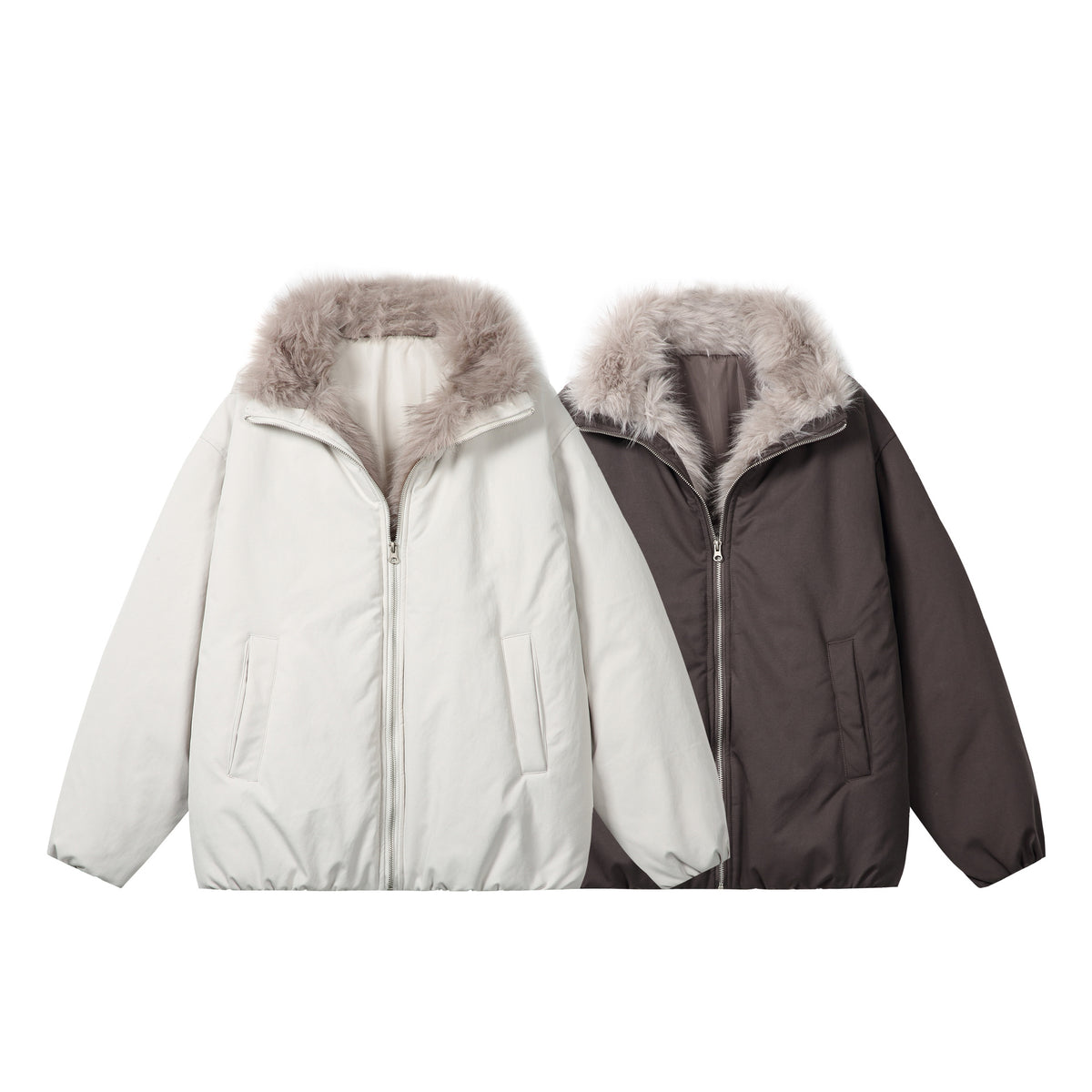 Women's short jacket in boxy cut with voluminous faux fur collar and two-way zipper EVA-US