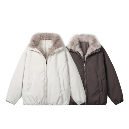 Women's short jacket in boxy cut with voluminous faux fur collar and two-way zipper EVA-US