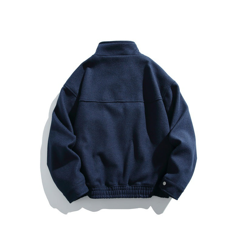 Men's short-cut boxy wool blend blouson with stand-up collar, elastic hem, and zippered chest pocket EVA-US