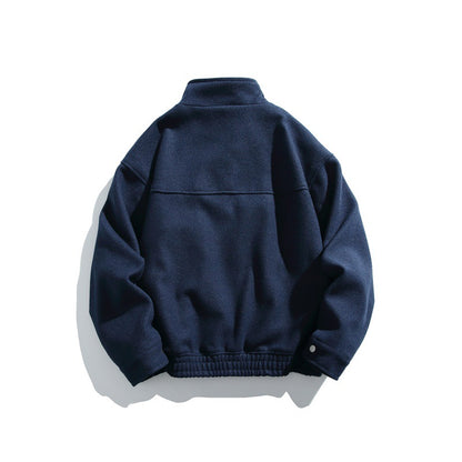 Men's short-cut boxy wool blend blouson with stand-up collar, elastic hem, and zippered chest pocket EVA-US
