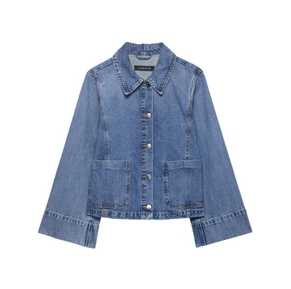 Women's Cropped Oversized Denim Jacket with Large Patch Pockets and Visible Button Placket EVA-US