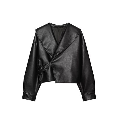 Women's Cropped Leather-Look Jacket with Oversized Shawl Collar and Tailoring Buckle Belt EVA-US