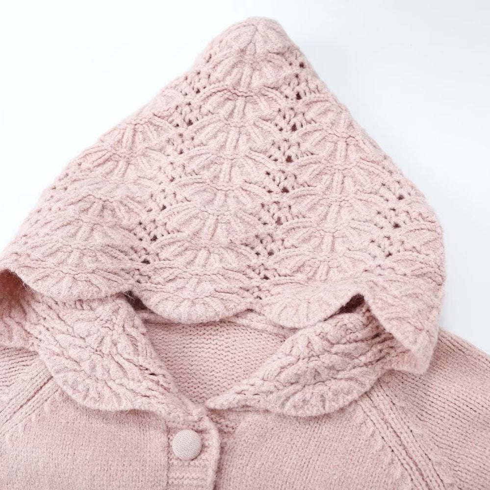 Women's fine knit cardigan with hood, button placket and crocheted trim EVA-US