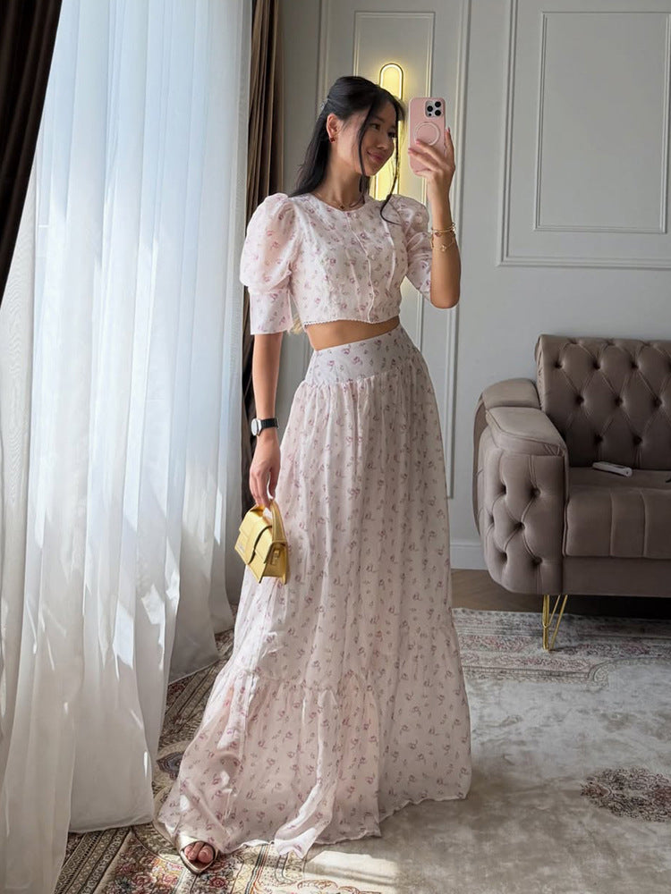 Women's Two-Piece Chiffon Set with Cropped Puff Blouse and Tiered Maxi Skirt EVA-US