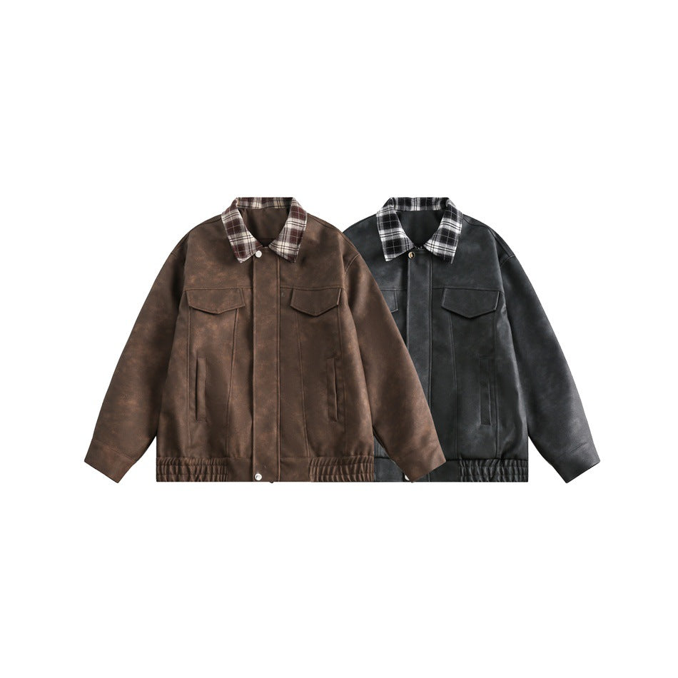 Men's Boxy Faux Leather Blouson with Checked Turn-Down Collar and Flap Pockets