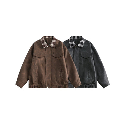 Men's Boxy Faux Leather Blouson with Checked Turn-Down Collar and Flap Pockets