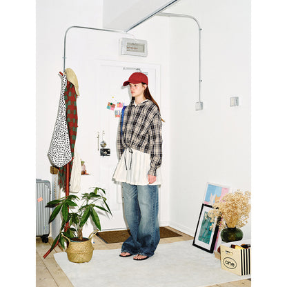 Women's short-cut hooded shirt jacket in checkered look with drawstring hem EVA-US
