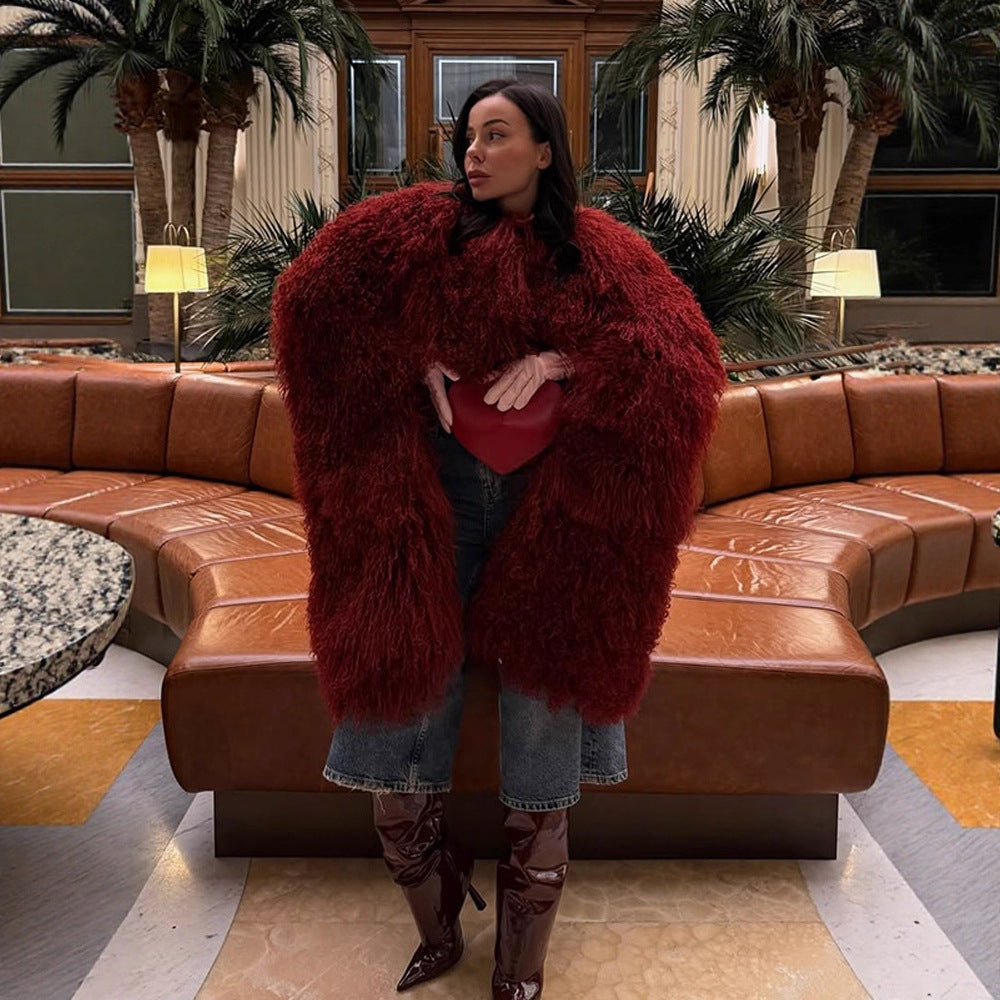 Women Extravagant Oversize Faux Fur Coat with Long Pile Curl Structure EVA-US
