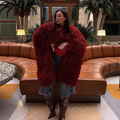 Women Extravagant Oversize Faux Fur Coat with Long Pile Curl Structure EVA-US