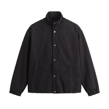 Men's short-cut minimalist boxy blouson with stand collar and press stud placket EVA-US