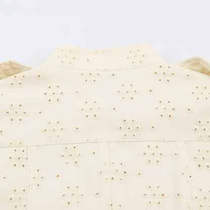 Ladies short jacket made of broderie anglaise with stand-up collar and patch pockets EVA-US