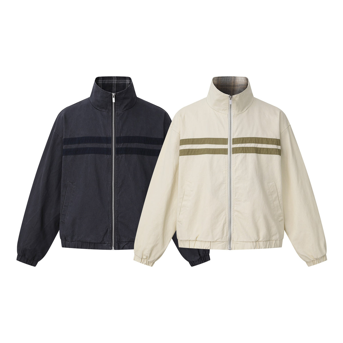 Unisex Short Cut Boxy Blouson Jacket with Stand-Up Collar and Horizontal Chest Piping EVA-US