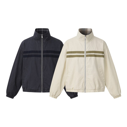 Unisex Short Cut Boxy Blouson Jacket with Stand-Up Collar and Horizontal Chest Piping EVA-US