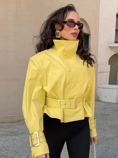 Women's short jacket with waist belt, high stand-up collar, and decorative cuffs EVA-US