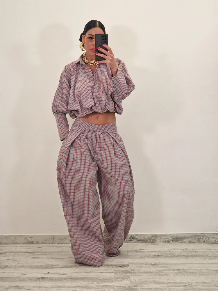 Women Two-Piece Checked Set with Cropped Oversized Shirt and Wide Pleated Trousers EVA-US