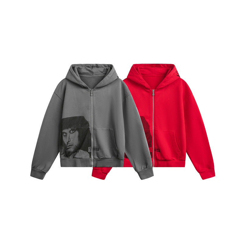 Unisex hooded zip jacket in boxy cut with large portrait print EVA-US