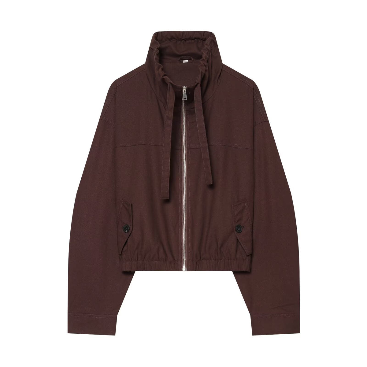 Women's short bomber-style jacket with high funnel collar, concealed zipper, and flap pockets EVA-US