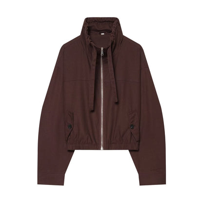 Women's short bomber-style jacket with high funnel collar, concealed zipper, and flap pockets EVA-US