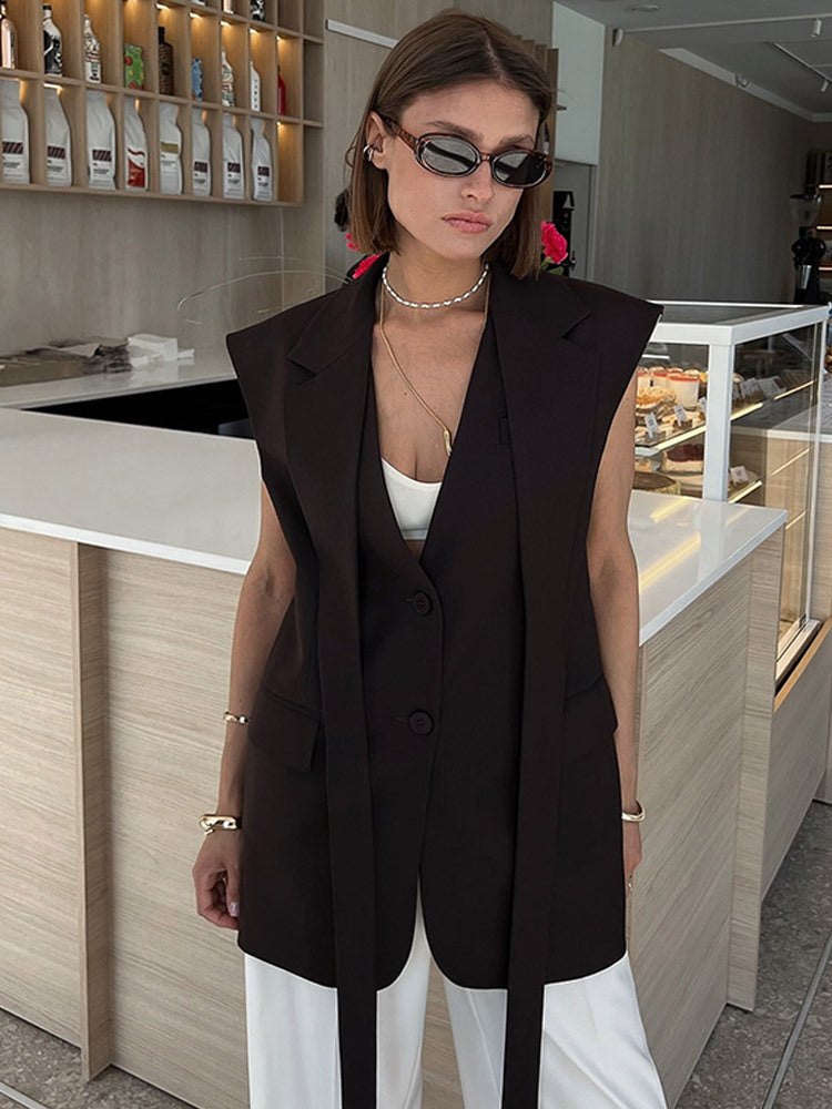 Women Sleeveless Long Blazer Vest with Structured Shoulders and Long Ties EVA-US