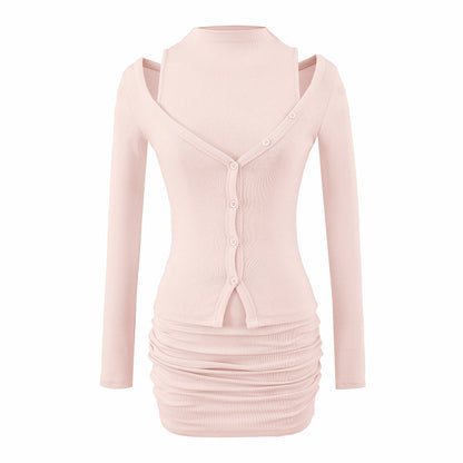 Ladies two-piece knit set with integrated high neck vest and asymmetric button cardigan EVA-US