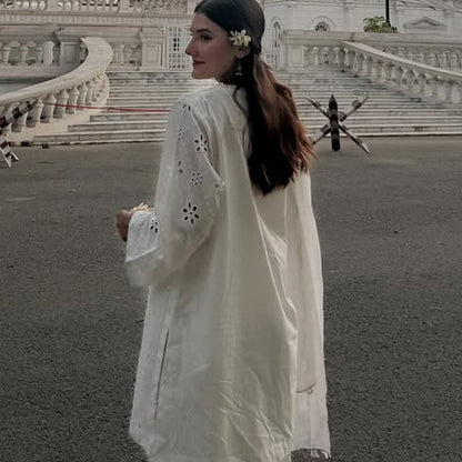 Women Loose Tunic Set with Broderie Anglaise and Wide Harem Pants EVA-US