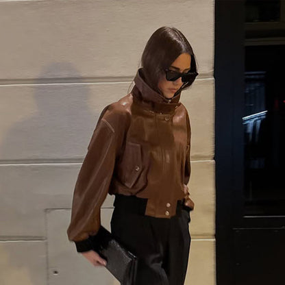 Women's short-cut leather blouse jacket with high stand-up collar and balloon sleeves EVA-US