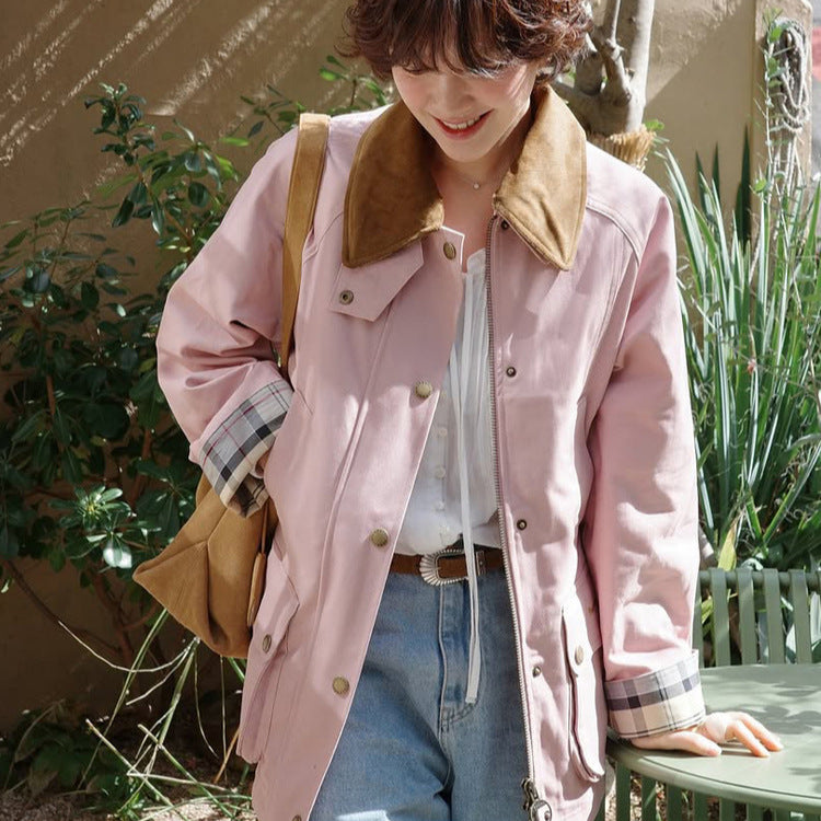 Women's transitional jacket with corduroy collar, checkered inner cuffs, and patch pockets EVA-US