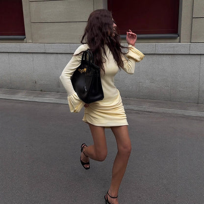 Women Figure-hugging Ruched Minidress with Long Trumpet Sleeves EVA-US