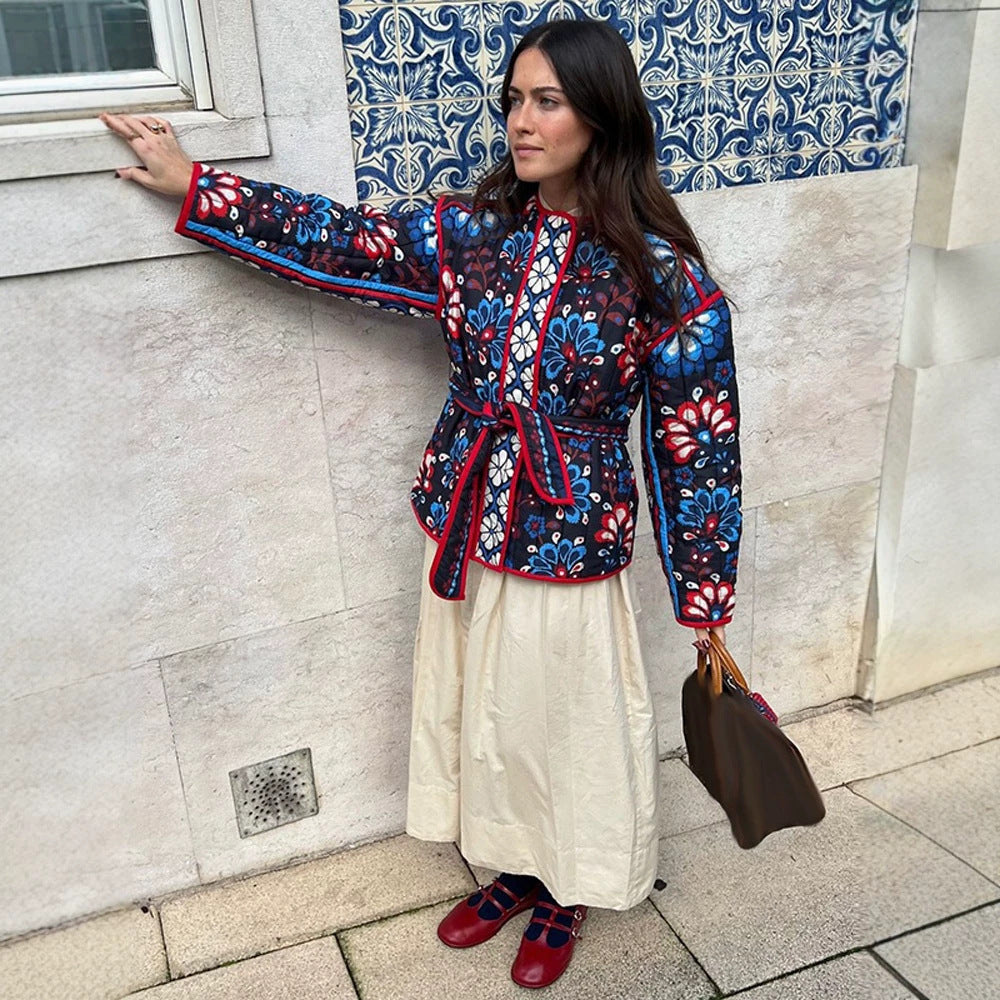 Women's Tailored Quilted Jacquard Cotton Jacket with Folk Floral Pattern & Tied Belt EVA-US