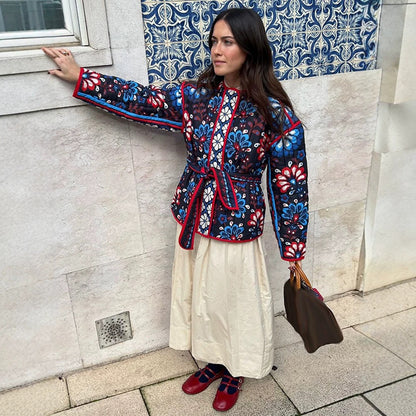 Women's Tailored Quilted Jacquard Cotton Jacket with Folk Floral Pattern & Tied Belt EVA-US