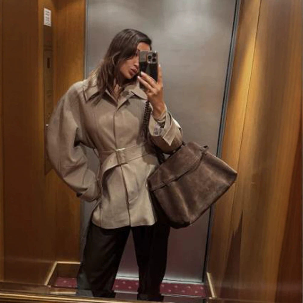 Women's Short Trench Coat with Waist Belt, Dropped Shoulder and Voluminous Balloon Sleeves EVA-US
