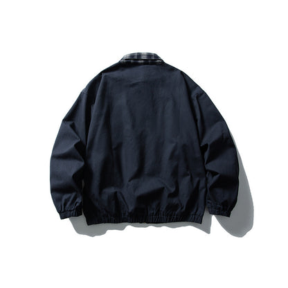 Men's Boxy Canvas Blouson Jacket with Checked Shirt Collar and Elastic Hem