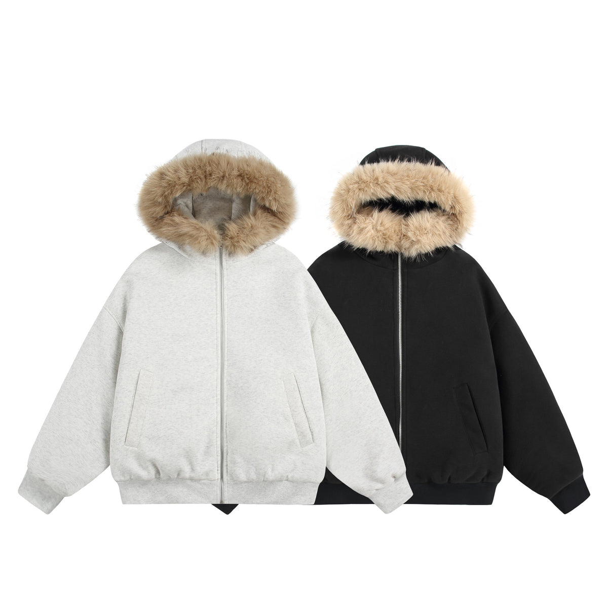 Women's Short Boxy Hooded Blouson made of French Terry with voluminous Faux Fur Edging EVA-US