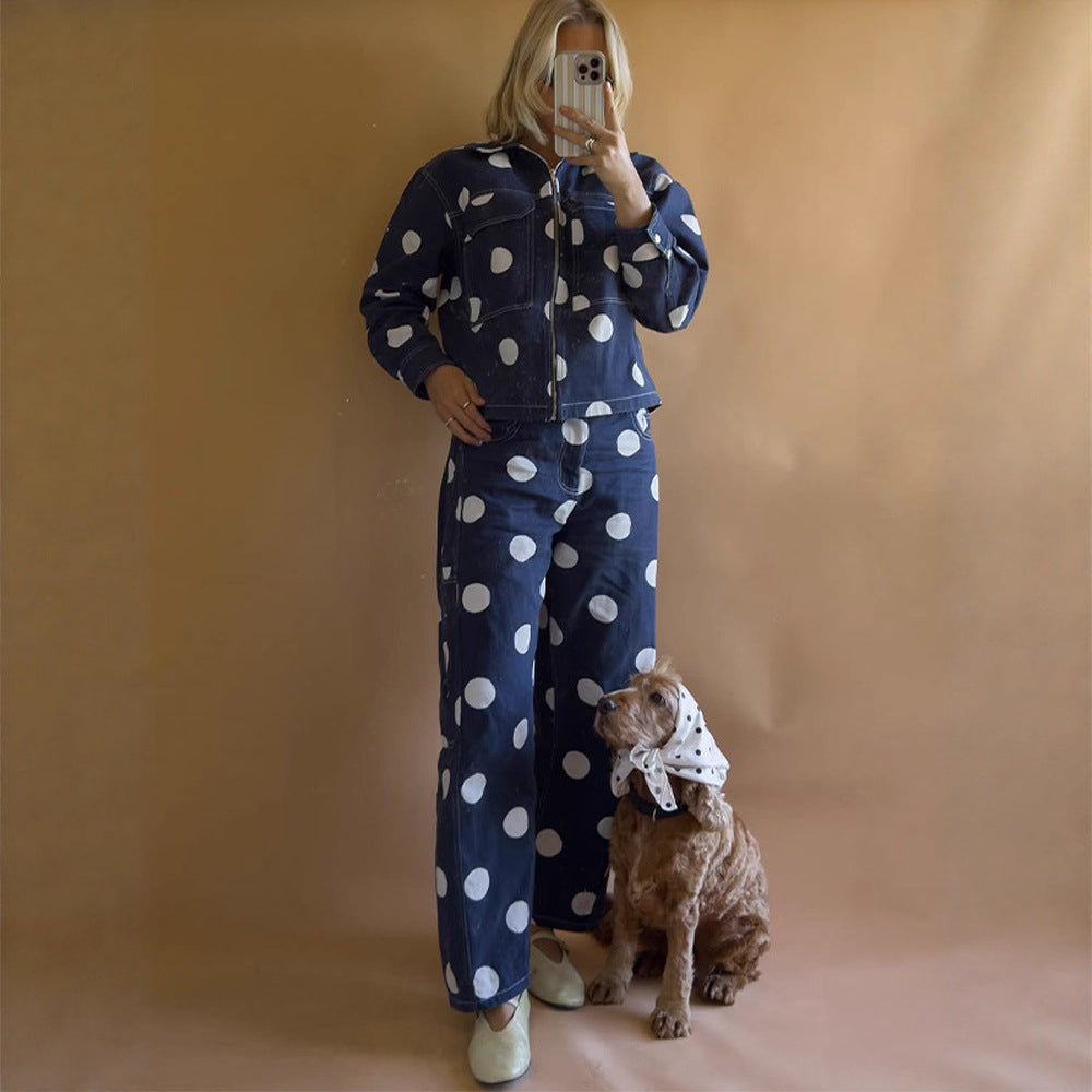 Women's wide cargo pants with high waist, polka dot print and visible contrast stitching EVA-US