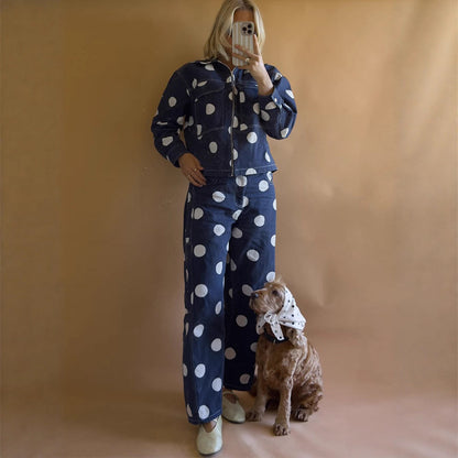 Women's wide cargo pants with high waist, polka dot print and visible contrast stitching EVA-US