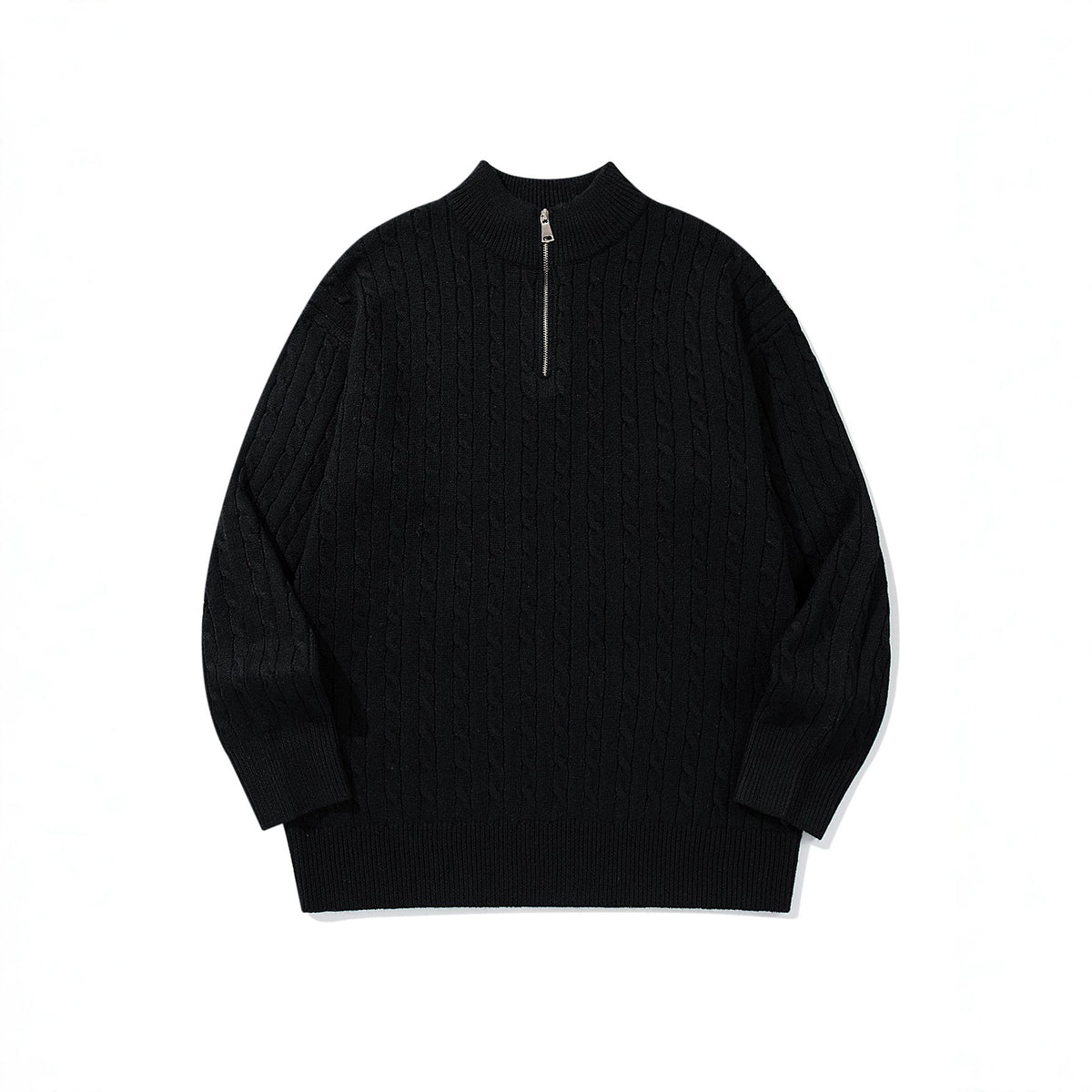 Unisex Cable Knit Half-Zip Sweater with High Ribbed Collar and Longer Hem EVA-US