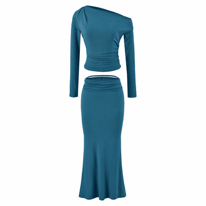 Women's One-Shoulder Two-Piece Set with Ruched Crop Top and Fitted Maxi Skirt EVA-US