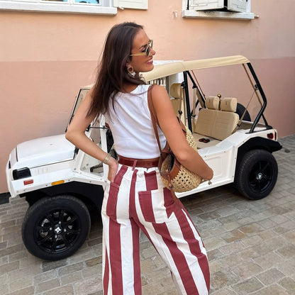 Women's High-Waisted Striped Linen Look Wide-Leg Casual Pants with Belt Loops EVA-US