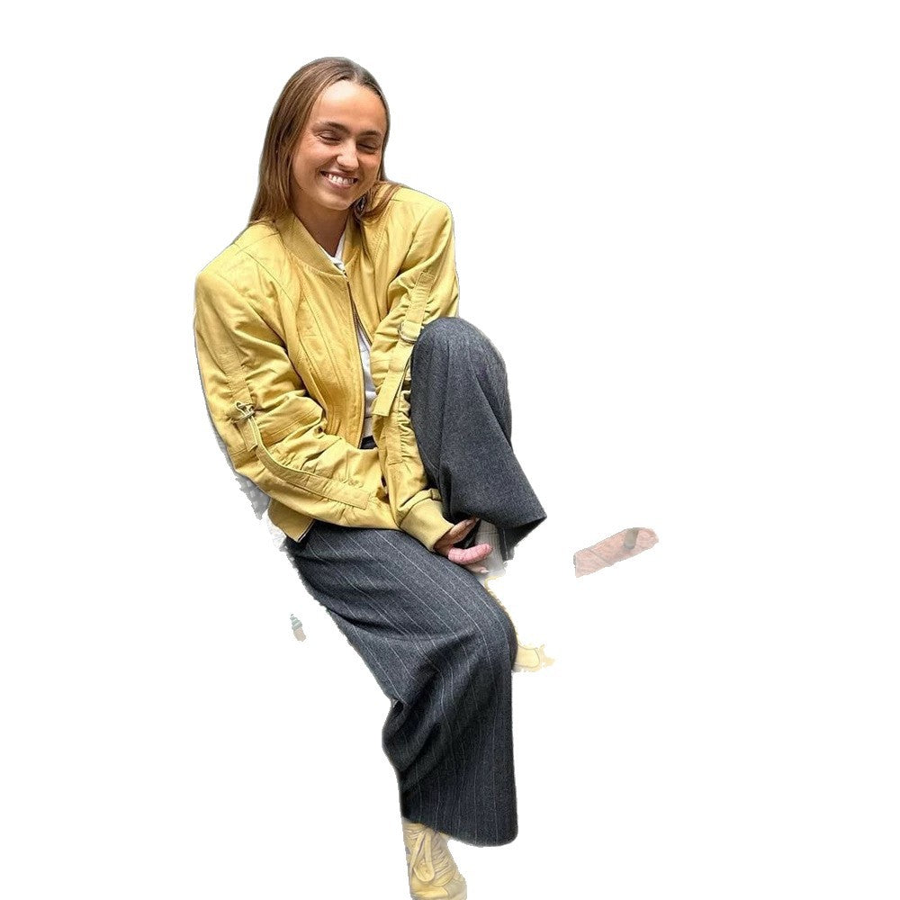 Women's short bomber jacket in boxy cut with distinctive seam details, zipper pockets and ribbed cuffs EVA-US