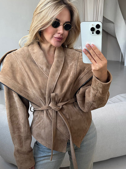 Ladies Velvet Leather Wrap Jacket with Wide Shawl Collar and Waist Belt EVA-US