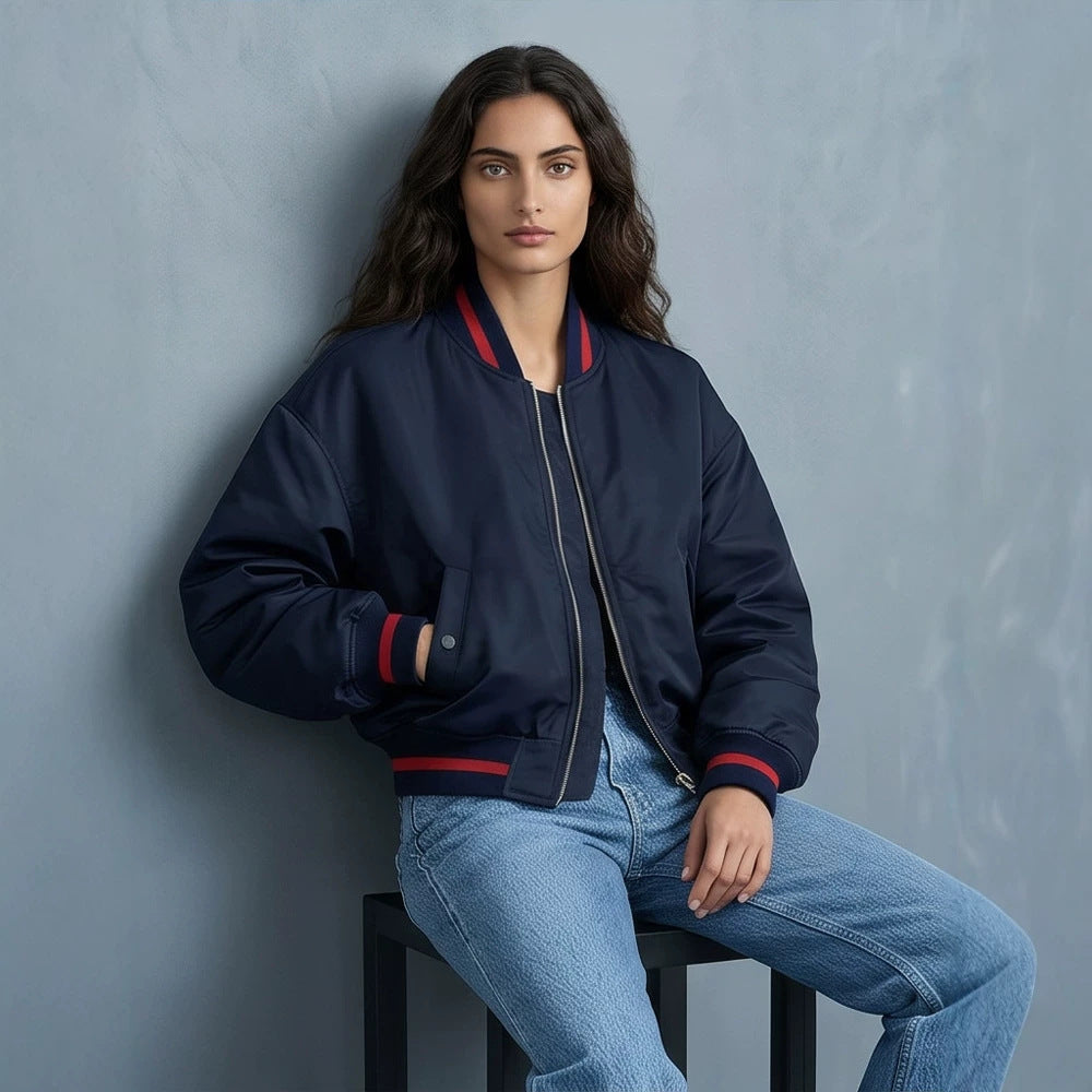 Women's Short Cut Oversized Bomber Jacket with Voluminous Sleeves and Ribbed Cuffs EVA-US