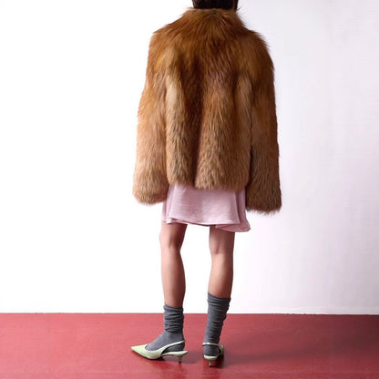 Women's Short Plush Faux Fur Coat with Boxy Silhouette and Voluminous Shawl Collar EVA-US