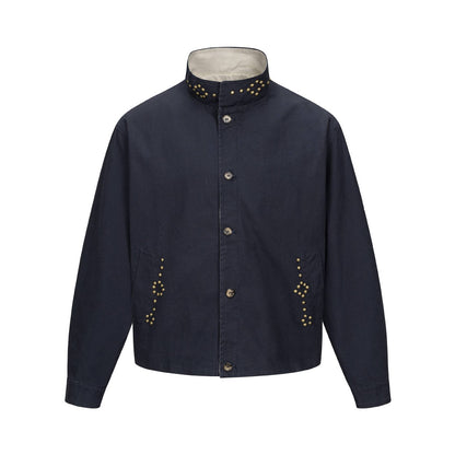 Unisex Short Blouson Jacket with High-Collar Studded Neck and Utility Pockets EVA-US