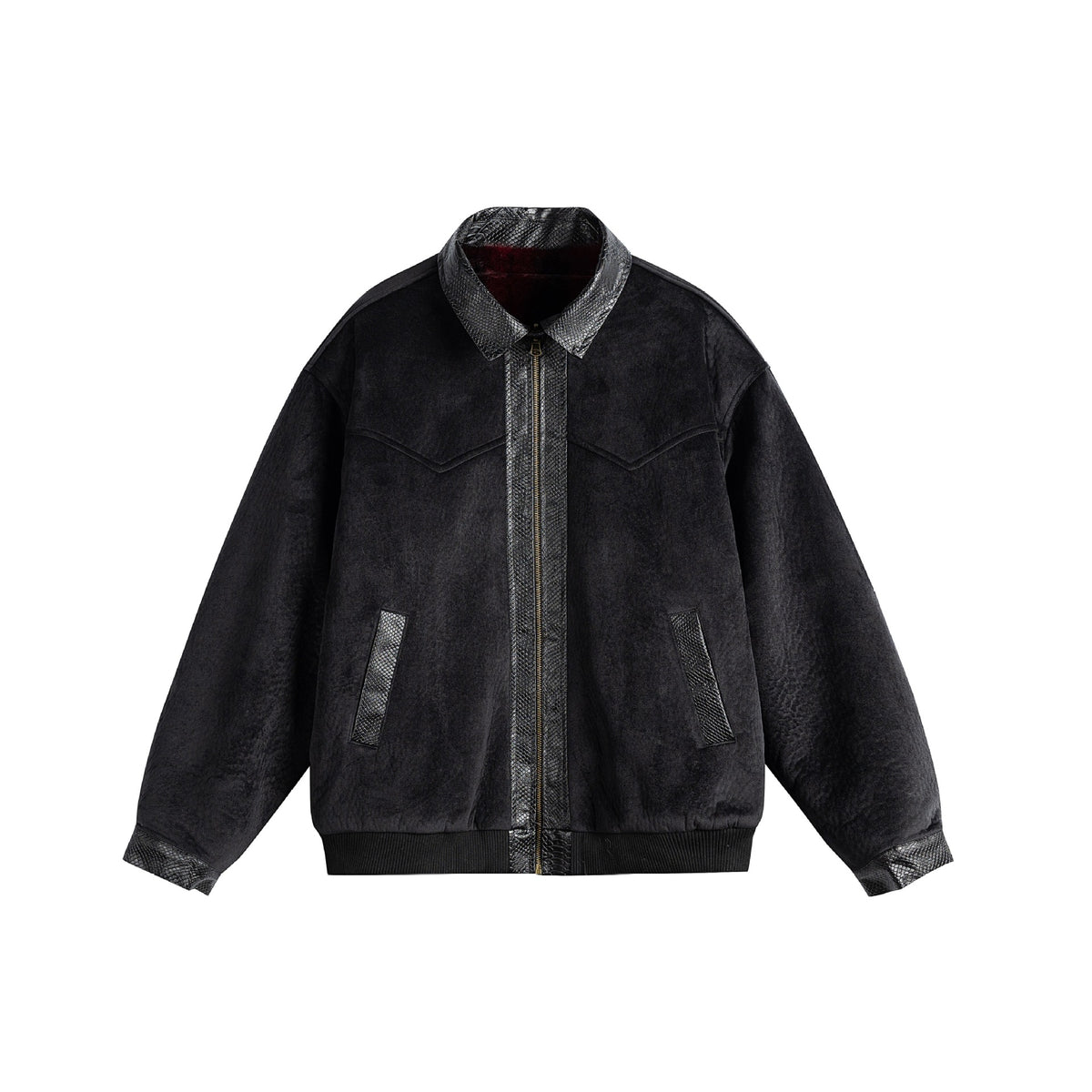 Unisex Oversize Blouson Jacket made of Velours-Suede with reptile embossed trim and warming teddy lining EVA-US